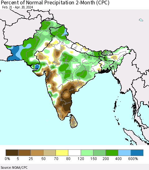 Southern Asia Percent of Normal Precipitation 2-Month (CPC) Thematic Map For 2/21/2024 - 4/20/2024