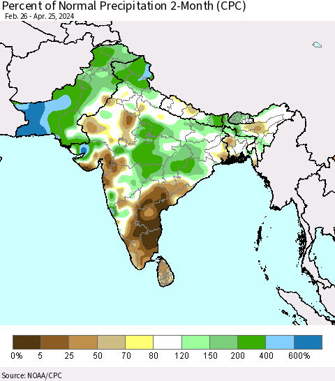 Southern Asia Percent of Normal Precipitation 2-Month (CPC) Thematic Map For 2/26/2024 - 4/25/2024