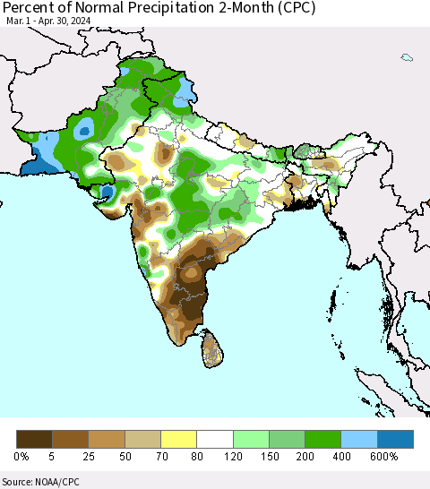 Southern Asia Percent of Normal Precipitation 2-Month (CPC) Thematic Map For 3/1/2024 - 4/30/2024