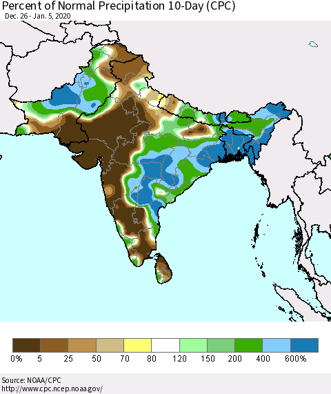 Southern Asia Percent of Normal Precipitation 10-Day (CPC) Thematic Map For 12/26/2019 - 1/5/2020