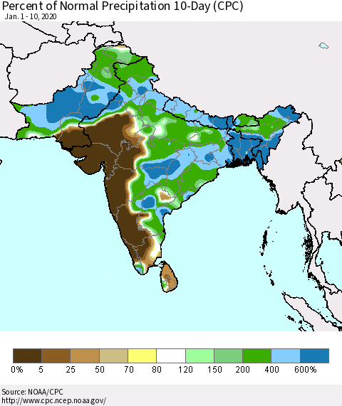 Southern Asia Percent of Normal Precipitation 10-Day (CPC) Thematic Map For 1/1/2020 - 1/10/2020