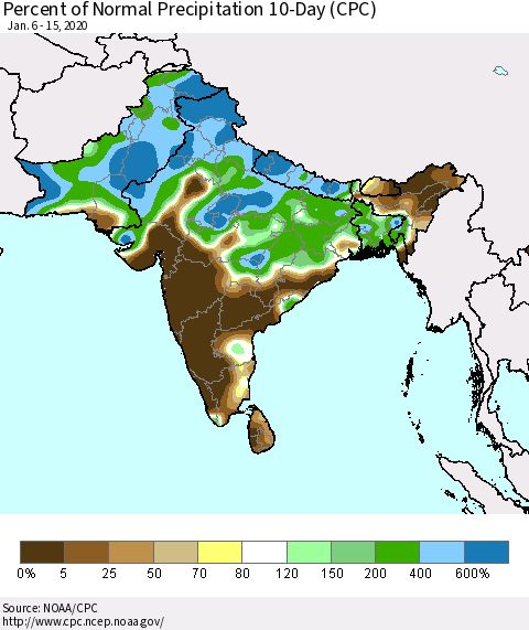 Southern Asia Percent of Normal Precipitation 10-Day (CPC) Thematic Map For 1/6/2020 - 1/15/2020