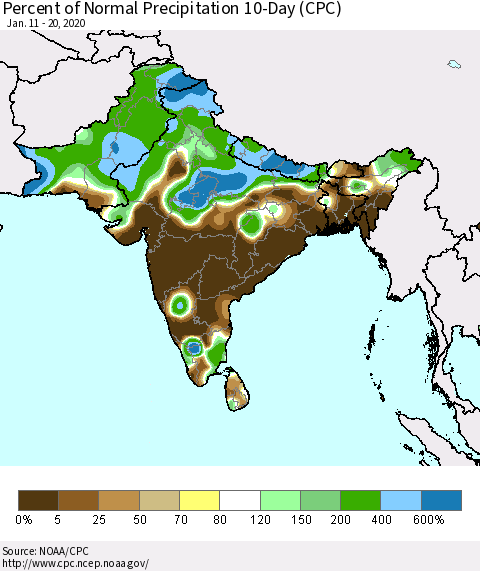 Southern Asia Percent of Normal Precipitation 10-Day (CPC) Thematic Map For 1/11/2020 - 1/20/2020