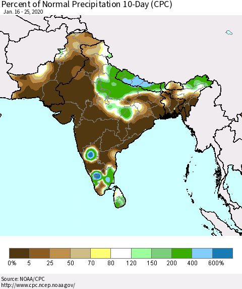 Southern Asia Percent of Normal Precipitation 10-Day (CPC) Thematic Map For 1/16/2020 - 1/25/2020