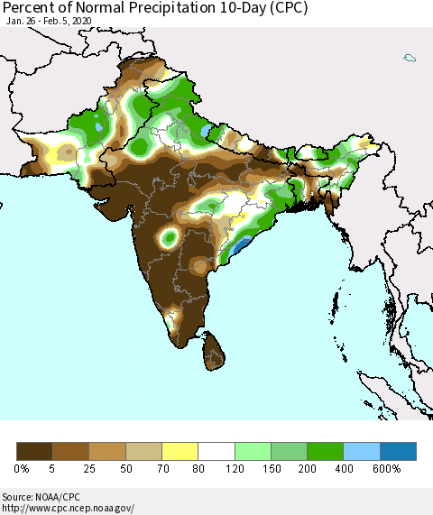 Southern Asia Percent of Normal Precipitation 10-Day (CPC) Thematic Map For 1/26/2020 - 2/5/2020