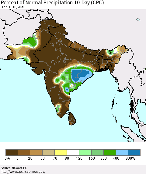 Southern Asia Percent of Normal Precipitation 10-Day (CPC) Thematic Map For 2/1/2020 - 2/10/2020