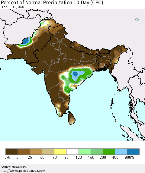 Southern Asia Percent of Normal Precipitation 10-Day (CPC) Thematic Map For 2/6/2020 - 2/15/2020