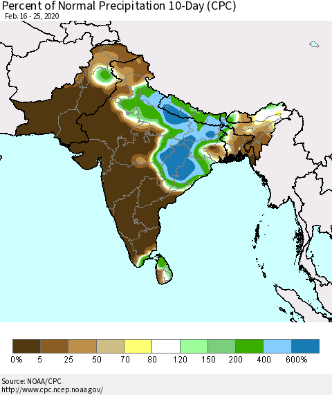 Southern Asia Percent of Normal Precipitation 10-Day (CPC) Thematic Map For 2/16/2020 - 2/25/2020