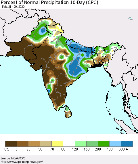 Southern Asia Percent of Normal Precipitation 10-Day (CPC) Thematic Map For 2/21/2020 - 2/29/2020