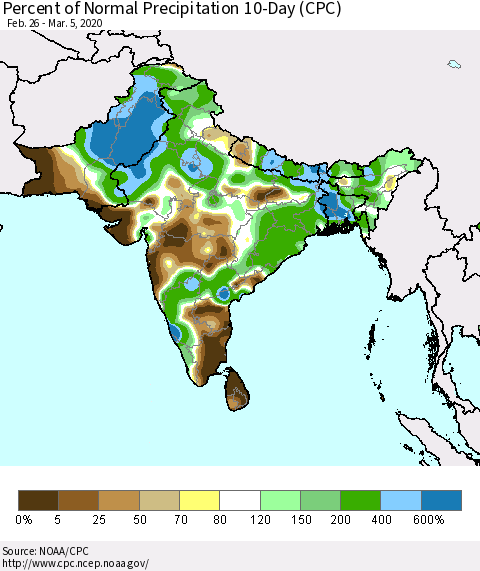 Southern Asia Percent of Normal Precipitation 10-Day (CPC) Thematic Map For 2/26/2020 - 3/5/2020