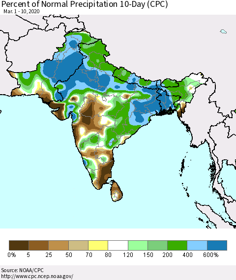 Southern Asia Percent of Normal Precipitation 10-Day (CPC) Thematic Map For 3/1/2020 - 3/10/2020