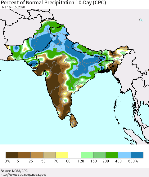 Southern Asia Percent of Normal Precipitation 10-Day (CPC) Thematic Map For 3/6/2020 - 3/15/2020