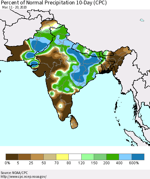 Southern Asia Percent of Normal Precipitation 10-Day (CPC) Thematic Map For 3/11/2020 - 3/20/2020