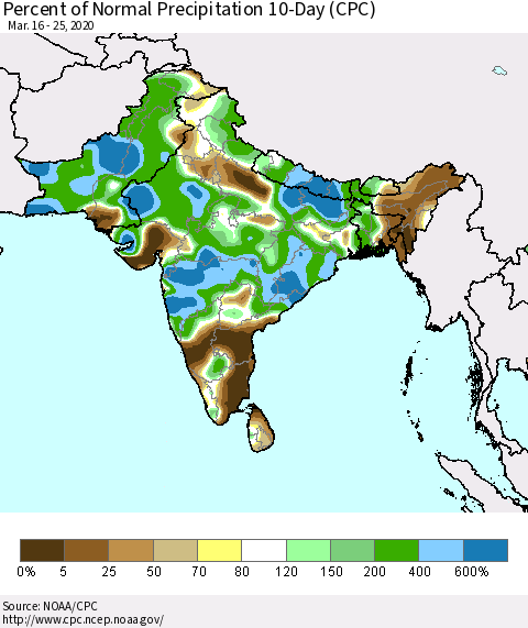 Southern Asia Percent of Normal Precipitation 10-Day (CPC) Thematic Map For 3/16/2020 - 3/25/2020