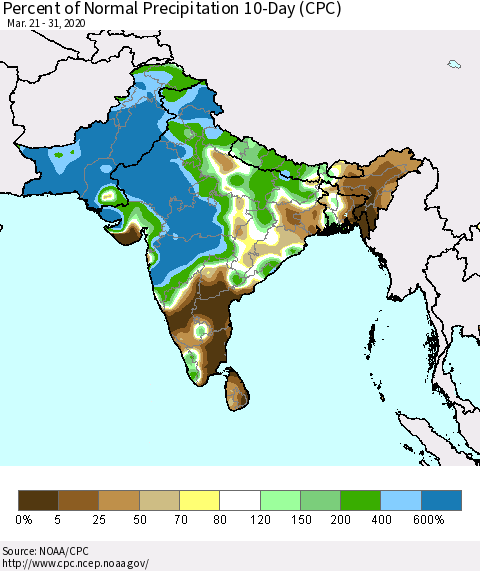 Southern Asia Percent of Normal Precipitation 10-Day (CPC) Thematic Map For 3/21/2020 - 3/31/2020