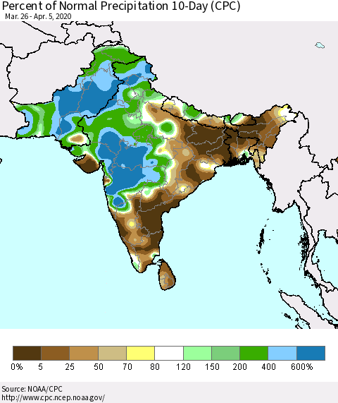 Southern Asia Percent of Normal Precipitation 10-Day (CPC) Thematic Map For 3/26/2020 - 4/5/2020