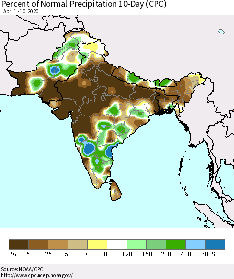 Southern Asia Percent of Normal Precipitation 10-Day (CPC) Thematic Map For 4/1/2020 - 4/10/2020