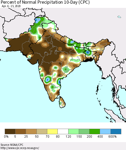 Southern Asia Percent of Normal Precipitation 10-Day (CPC) Thematic Map For 4/6/2020 - 4/15/2020