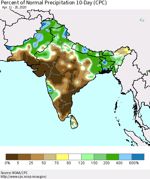 Southern Asia Percent of Normal Precipitation 10-Day (CPC) Thematic Map For 4/11/2020 - 4/20/2020