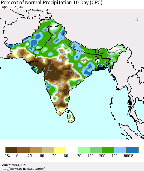 Southern Asia Percent of Normal Precipitation 10-Day (CPC) Thematic Map For 4/16/2020 - 4/25/2020