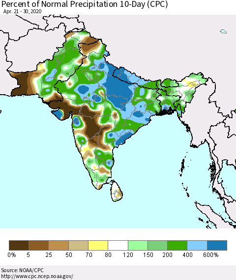 Southern Asia Percent of Normal Precipitation 10-Day (CPC) Thematic Map For 4/21/2020 - 4/30/2020