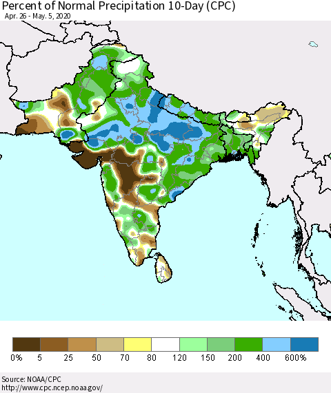 Southern Asia Percent of Normal Precipitation 10-Day (CPC) Thematic Map For 4/26/2020 - 5/5/2020