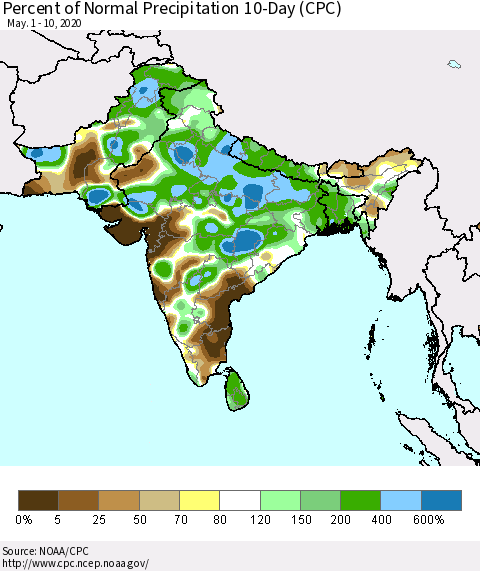 Southern Asia Percent of Normal Precipitation 10-Day (CPC) Thematic Map For 5/1/2020 - 5/10/2020