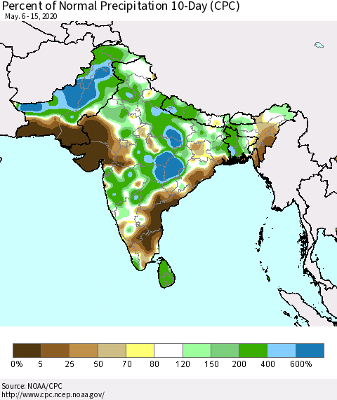 Southern Asia Percent of Normal Precipitation 10-Day (CPC) Thematic Map For 5/6/2020 - 5/15/2020