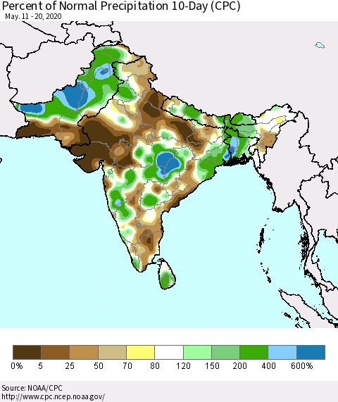 Southern Asia Percent of Normal Precipitation 10-Day (CPC) Thematic Map For 5/11/2020 - 5/20/2020