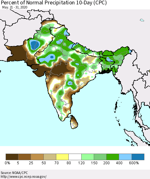Southern Asia Percent of Normal Precipitation 10-Day (CPC) Thematic Map For 5/21/2020 - 5/31/2020