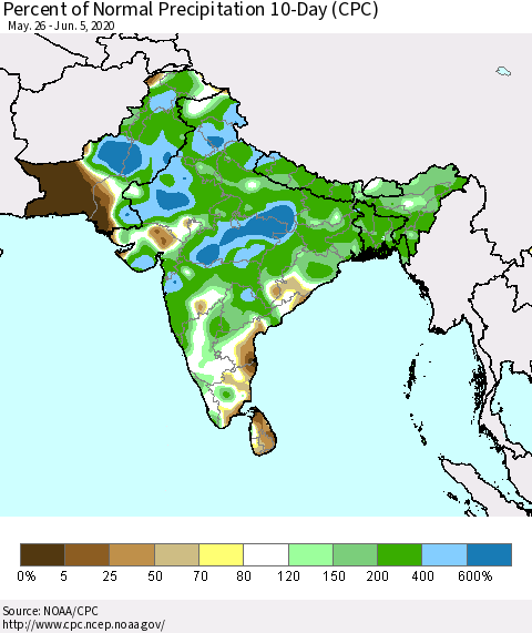 Southern Asia Percent of Normal Precipitation 10-Day (CPC) Thematic Map For 5/26/2020 - 6/5/2020