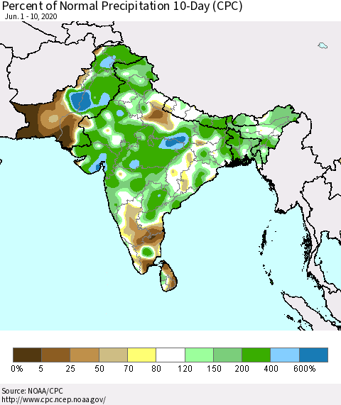 Southern Asia Percent of Normal Precipitation 10-Day (CPC) Thematic Map For 6/1/2020 - 6/10/2020