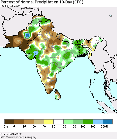 Southern Asia Percent of Normal Precipitation 10-Day (CPC) Thematic Map For 6/6/2020 - 6/15/2020