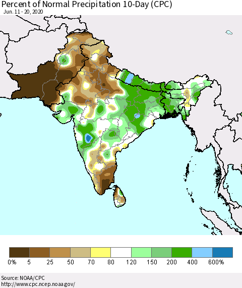 Southern Asia Percent of Normal Precipitation 10-Day (CPC) Thematic Map For 6/11/2020 - 6/20/2020