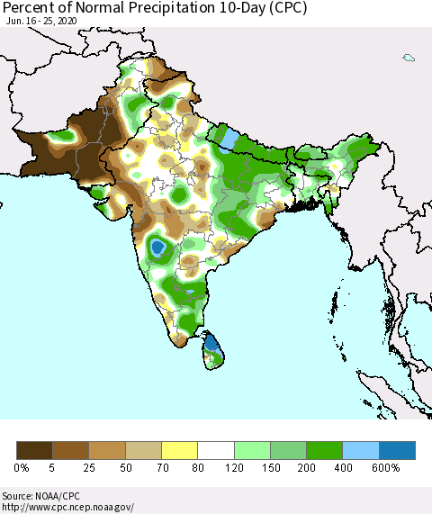 Southern Asia Percent of Normal Precipitation 10-Day (CPC) Thematic Map For 6/16/2020 - 6/25/2020