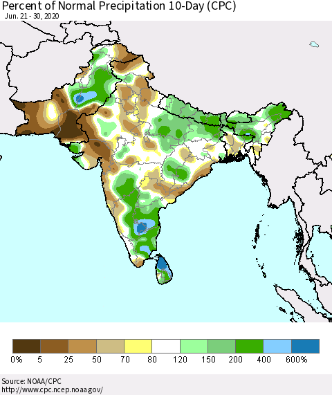 Southern Asia Percent of Normal Precipitation 10-Day (CPC) Thematic Map For 6/21/2020 - 6/30/2020