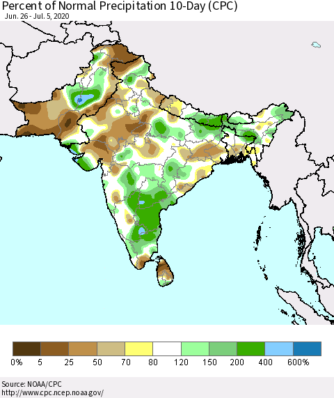 Southern Asia Percent of Normal Precipitation 10-Day (CPC) Thematic Map For 6/26/2020 - 7/5/2020