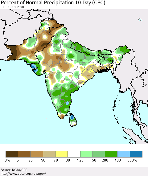 Southern Asia Percent of Normal Precipitation 10-Day (CPC) Thematic Map For 7/1/2020 - 7/10/2020