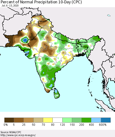 Southern Asia Percent of Normal Precipitation 10-Day (CPC) Thematic Map For 7/6/2020 - 7/15/2020