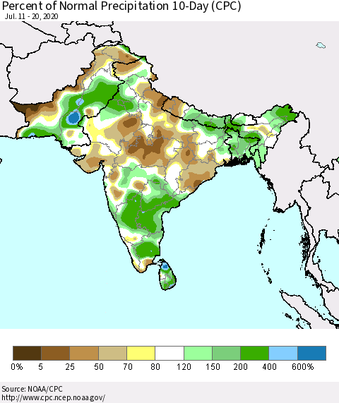 Southern Asia Percent of Normal Precipitation 10-Day (CPC) Thematic Map For 7/11/2020 - 7/20/2020