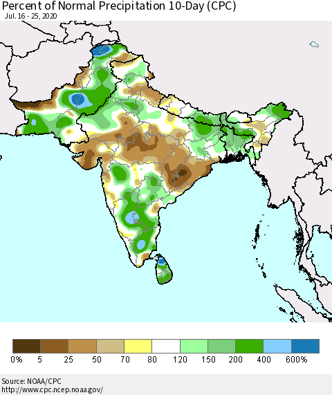 Southern Asia Percent of Normal Precipitation 10-Day (CPC) Thematic Map For 7/16/2020 - 7/25/2020