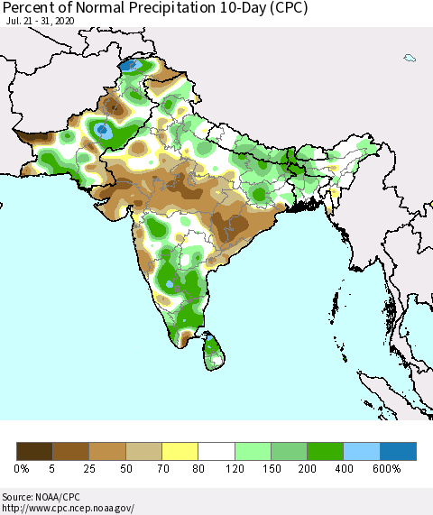 Southern Asia Percent of Normal Precipitation 10-Day (CPC) Thematic Map For 7/21/2020 - 7/31/2020