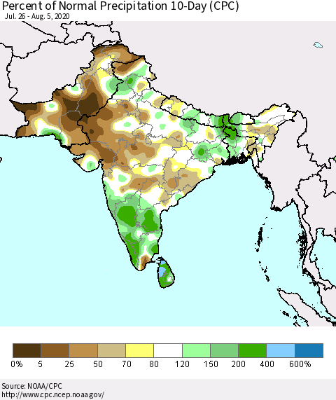 Southern Asia Percent of Normal Precipitation 10-Day (CPC) Thematic Map For 7/26/2020 - 8/5/2020
