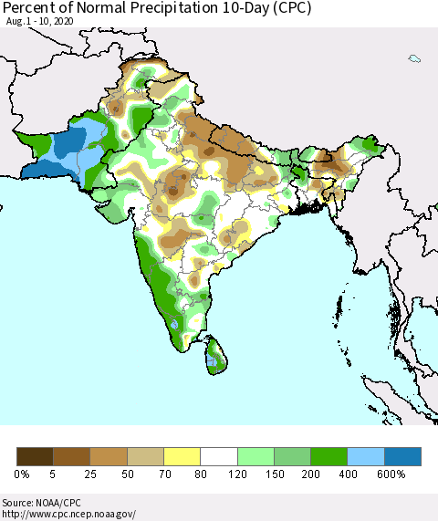 Southern Asia Percent of Normal Precipitation 10-Day (CPC) Thematic Map For 8/1/2020 - 8/10/2020