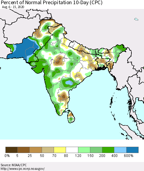 Southern Asia Percent of Normal Precipitation 10-Day (CPC) Thematic Map For 8/6/2020 - 8/15/2020