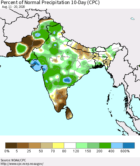 Southern Asia Percent of Normal Precipitation 10-Day (CPC) Thematic Map For 8/11/2020 - 8/20/2020