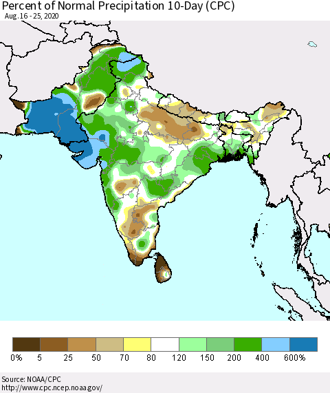 Southern Asia Percent of Normal Precipitation 10-Day (CPC) Thematic Map For 8/16/2020 - 8/25/2020