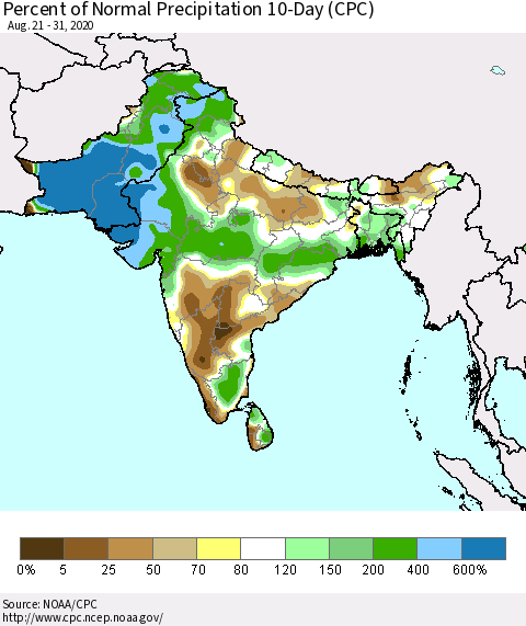 Southern Asia Percent of Normal Precipitation 10-Day (CPC) Thematic Map For 8/21/2020 - 8/31/2020