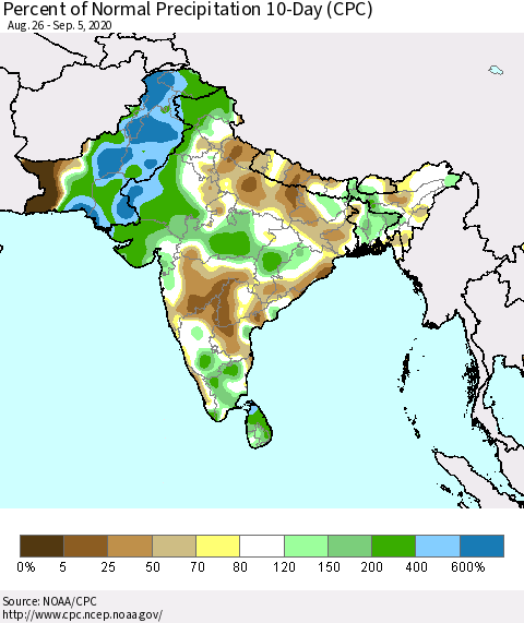 Southern Asia Percent of Normal Precipitation 10-Day (CPC) Thematic Map For 8/26/2020 - 9/5/2020