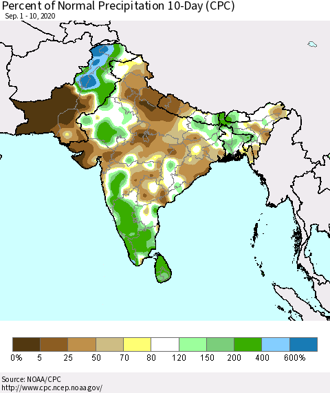 Southern Asia Percent of Normal Precipitation 10-Day (CPC) Thematic Map For 9/1/2020 - 9/10/2020